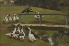 Herbert William Weekes, The Sermon' (Raven preaching to a Gaggle of Geese), oil on panel