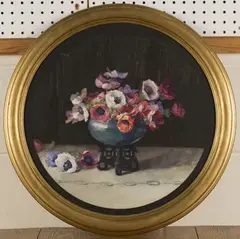 Elizabeth King, Anemones, tondo watercolour