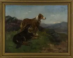 Wright Barker, Two Collie Dogs in a Highland Landscape, oil on canvas