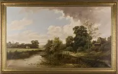View of a River with Harvesting in the distance by R. Percy, oil on canvas, sold Mar 2017