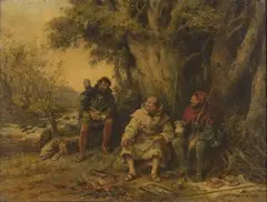 Frank Moss Bennett, Robin Hood and his Merry Men cooking Fish on a Camp Fire in Sherwood Forest, 1939, oil on canvas