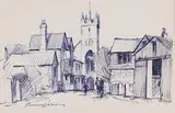 Edward Wesson, Street Scene with Church and Figures, ink drawing on the reverse of an Albion Hotel menu