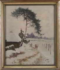 Edward Frederick Ertz, View of a Farm under Snow, oil on canvas