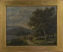 Figures conversing on a Riverside Path by Barend Hendrik Koekkoek, oil on canvas, sold Nov 2016