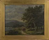 Barend Hendrik Koekkoek, Figures conversing on a Riverside Path, oil on canvas