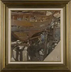 Boat Builders, Morocco by Tom Coates, late 20th/early 21st Century oil on canvas, sold Nov 2016