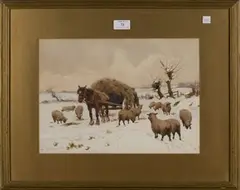 William Evans Linton, Snowy Landscape with Farmer, Haycart and Sheep, watercolour with gouache