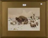 William Evans Linton, Snowy Landscape with Farmer, Haycart and Sheep, watercolour with gouache