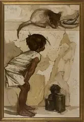 Fernando Calderón, Street Child with Cat, oil on board
