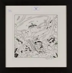 Timothy Marwood, Harold the Helicopter flying above Percy, Illustration from 'Thomas the Tank Engine and Friends, pen and ink