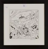 Timothy Marwood, Harold the Helicopter flying above Percy, Illustration from 'Thomas the Tank Engine and Friends, pen and ink