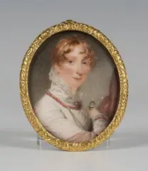 Thomas Hargreaves, Oval Miniature Portrait of Mary Lee, née Ewart, holding a Looking Glass with Gold Chain and wearing a Coral Necklace, watercolour on ivory