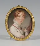 Thomas Hargreaves, Oval Miniature Portrait of Mary Lee, née Ewart, holding a Looking Glass with Gold Chain and wearing a Coral Necklace, watercolour on ivory