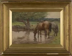 Charles Low, Horses watering at a Duck Pond, watercolour