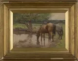 Charles Low, Horses watering at a Duck Pond, watercolour
