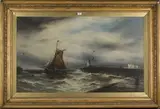 Gustave de Breanski, Sailing Vessel leaving Harbour, oil on canvas