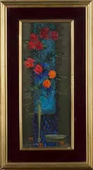 Pierre Boudet, Petites Roses Rouges sur Fond Bleu, oil on board