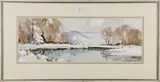 Edward Wesson, Snowy Landscape with a Pond, possibly Wiston with Chanctonbury Ring in the distance, watercolour
