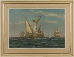Bernard Gribble, British War Brig chasing Algerian Corsairs, oil on board