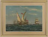 Bernard Gribble, British War Brig chasing Algerian Corsairs, oil on board