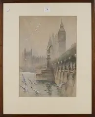 Henry Charles Brewer, View of the Embankment and Houses of Parliament, London, watercolour and pencil