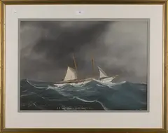 S.Y. Ione hove to off the Portugal Coast by Luigi Roberto, gouache, sold Sep 2016