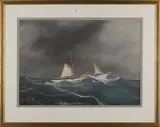 Luigi Roberto, S.Y. Ione hove to off the Portugal Coast, gouache