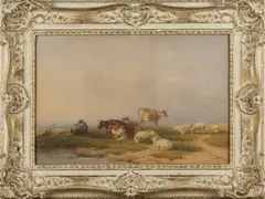 Thomas Francis Wainewright, Sheep and Cows at the Water's Edge, watercolour