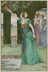 Millicent Sowerby, Maiden reaching for an Apple, possibly about to plunge into a Pond to the Consternation of her Companions, early/mid-20th Century pen, ink and watercolour