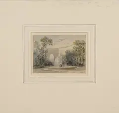 François Joseph Nolau, Parisian Scene with a Fountain, the Arc de Triomphe in the distance, watercolour