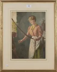 Ralph Todd, Fishergirl mending Nets, watercolour