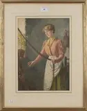 Ralph Todd, Fishergirl mending Nets, watercolour