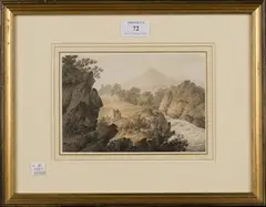 Joseph Francis Burrell, Continental River Landscape with Figures, watercolour