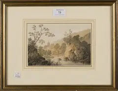 Joseph Francis Burrell, River Landscape with Distant Church, watercolour