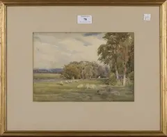 Charles James Adams, Sheep grazing by a River, watercolour
