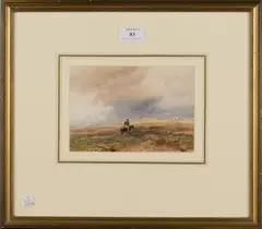 David Cox Junior, Figure on Horseback in a Moorland Landscape, watercolour