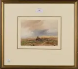 David Cox Junior, Figure on Horseback in a Moorland Landscape, watercolour