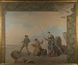 Luis Taberner Y Montalvo, Three Figures in Medieval Costume fishing on a Rocky Outcrop, oil on cloth