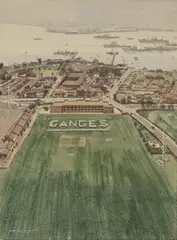 Claude Muncaster, H.M.S. Ganges as seen from an Admiralty Helicopter [near Harwich], 1956, watercolour with touches of gouache over pencil traces