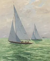 Claude Muncaster, Sovereign and Kurrewa seen against the light and beating to windward near The Nab, oil on board