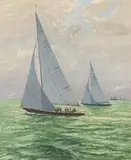 Claude Muncaster, Sovereign and Kurrewa seen against the light and beating to windward near The Nab