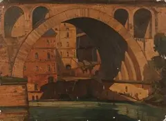 Continental Town viewed through a Bridge, probably the Old Bridge at Albi on the Tarn River, France by Claude Muncaster, 1926, oil on canvas, sold Jun 2016