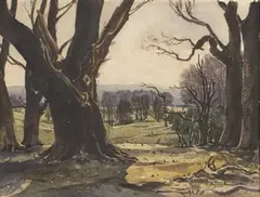 Claude Muncaster, View from the Old Fifth Tee, Cowdray, watercolour over pencil traces