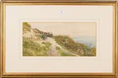 Walker Stuart Lloyd, Boy seated on a Path, a Coastal View beyond, 1880, watercolour with touches of gouache