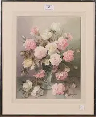 Still Life Study of Roses and Carnations by Jack Carter, 1989, watercolour, sold Jun 2016