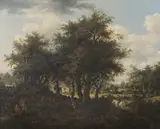 James Stark, Country View with Figures and Horse Rider nearing a Cottage, oil on panel