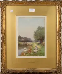 Benjamin D. Sigmund, Cookham Lock' (Girl near Swans on a Canal), watercolour