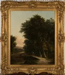 Figure crossing a Rustic Bridge by Barend Hendrik Koekkoek, oil on canvas, sold Jun 2016