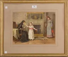 Interior Scene with a Girl presenting a Lady in Mourning with a Posy of Flowers by George Goodwin Kilburne, watercolour, sold Jun 2016