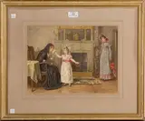 George Goodwin Kilburne, Interior Scene with a Girl presenting a Lady in Mourning with a Posy of Flowers